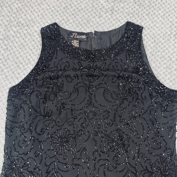 VINTAGE RETRO BLACK HEAVILY BEADED HIGH NECK SCALLOPED TANK TOP WMNS L - Picture 2 of 5